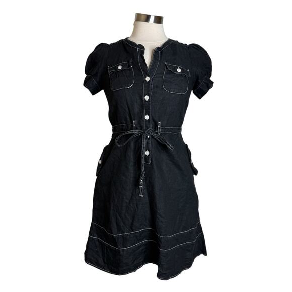 Anthropologie Maeve Black Linen Button Front Tie Waist Dress Womens Size 0 - Picture 11 of 11